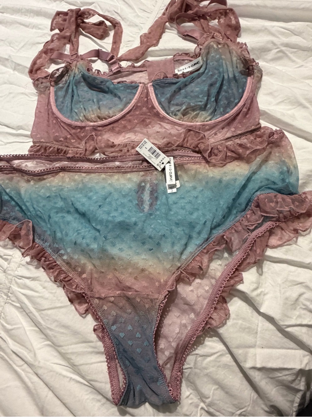 Soft pastel Ombre Sheer Lace Bra & Brief Set/thong in Dusty Rose and Blue